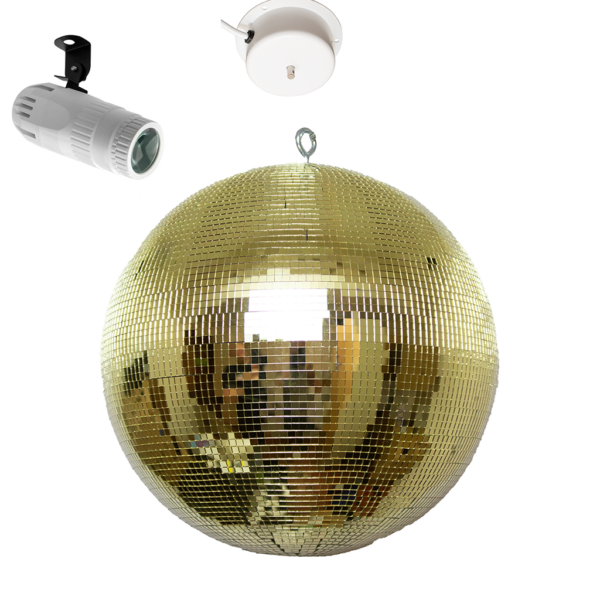 30cm Gold Mirror Ball with Rotating Motor & RGBW Pinspot - White