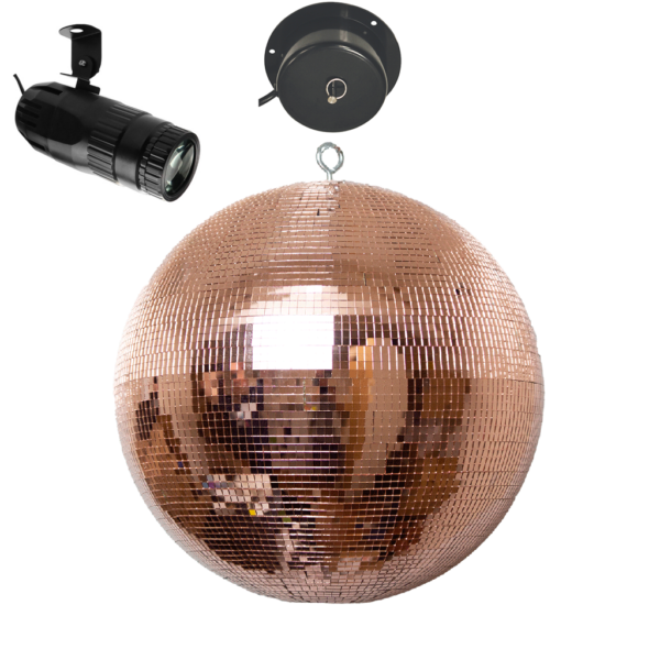 30cm Rose Gold Mirror Ball with Rotating Motor & RGBW Pinspot