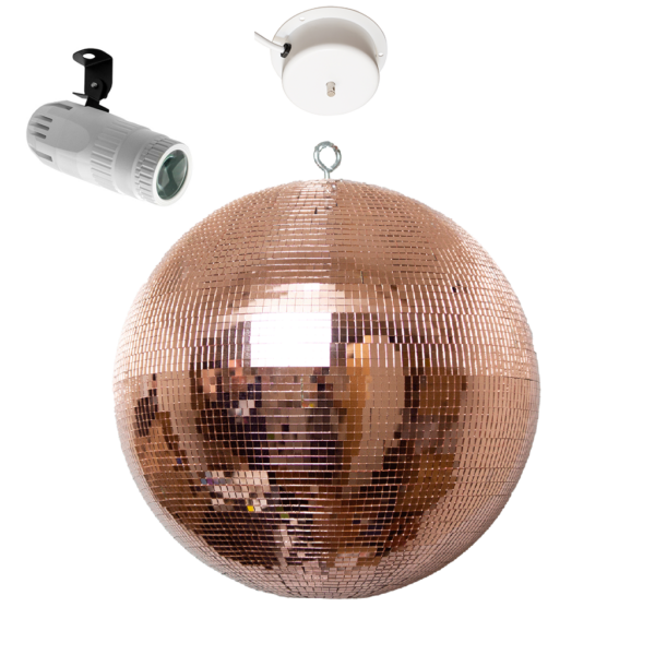 30cm Rose Gold Mirror Ball with Rotating Motor & RGBW Pinspot - White Housing