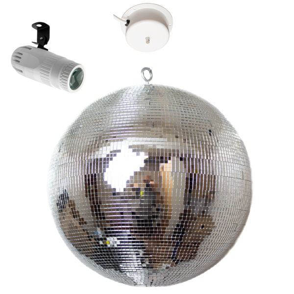 30cm Silver Mirror Ball 5mm Facets with Rotating Motor & RGBW Pinspot - White