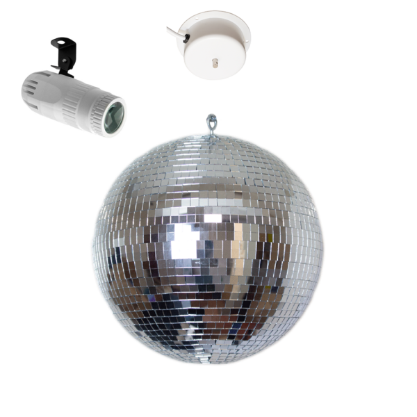 20cm Mirror Ball with Rotating Motor & RGBW Pinspot - White Housing